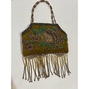 Antique Floral Beaded Green Velvet Victorian Style 1930’s Handbag Purse